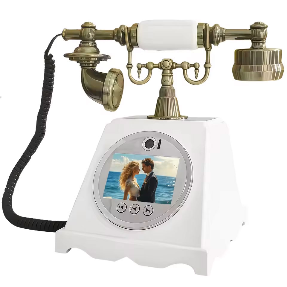 Vintage esküvői telefonos videóvendégkönyv fehér színben, esküvői telefon vendégkönyv, videóvendégkönyv